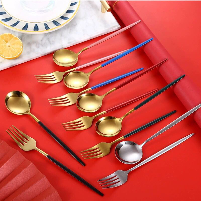 Korea set Alat Makan Cantik Sendok garpu sumpit Stainless Tebal  Gold steel silver  Emas Mewah