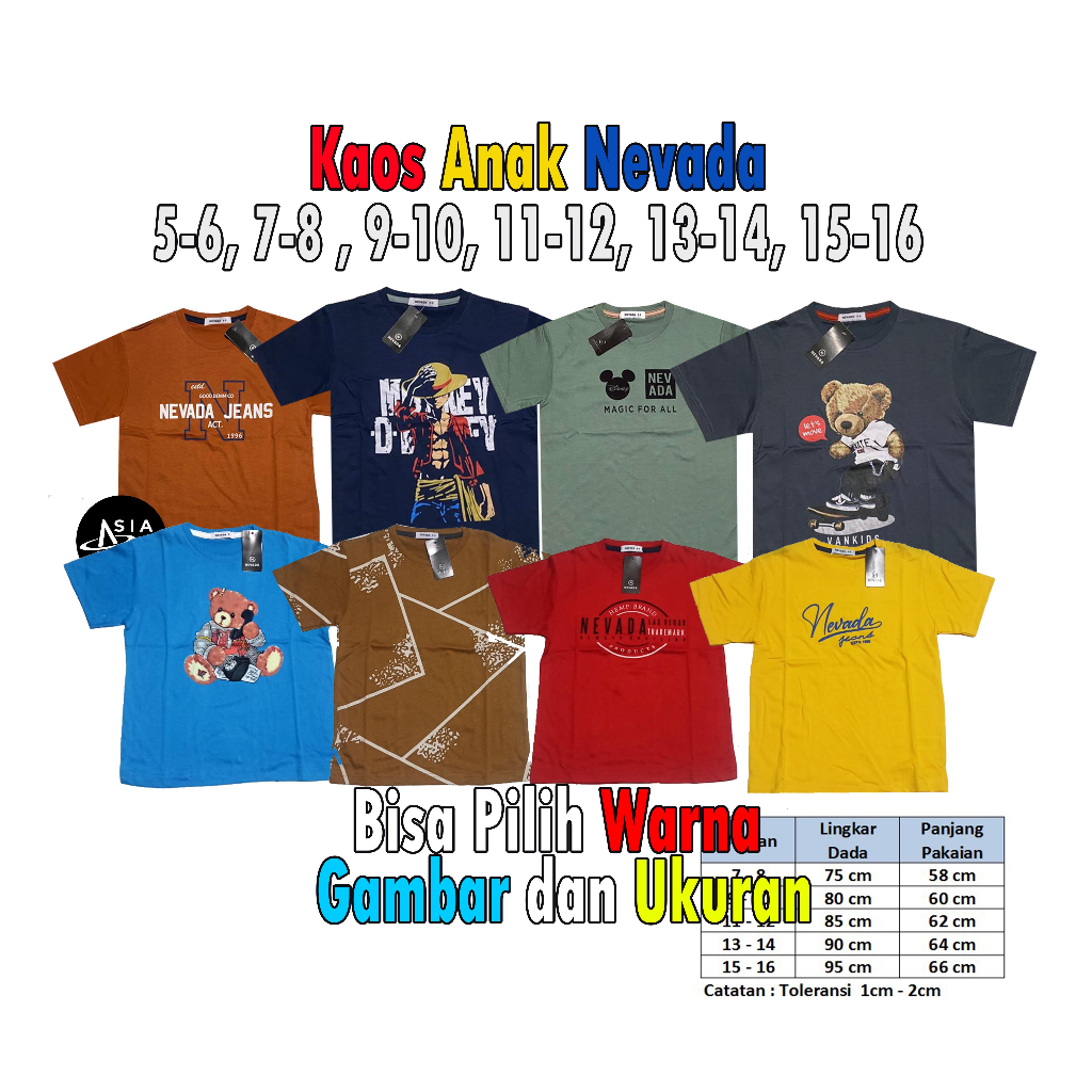 BISA COD Kaos Nevada Junior Pakaian Anak Branded Pilih Motif size 5 6 7 8 9 10 11 12 13 14 15 16