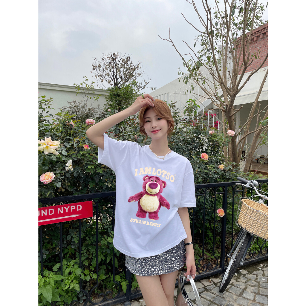 XiaoZhaiNv Kaos Atasan Oversize Wanita Strawberry Bear Pattern Lengan Pendek A0921