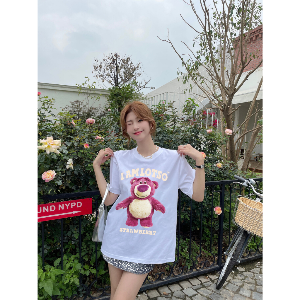 XiaoZhaiNv Kaos Atasan Oversize Wanita Strawberry Bear Pattern Lengan Pendek A0921