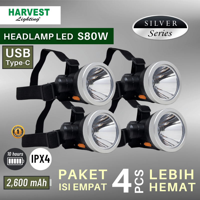 S80W Paket isi 4 - Headlamp HARVEST LIGHTING Senter Kepala LED Silver IPX4 2600mAh Lampu Emergency Travel  Hunting Berburu Rechargeable Original Bergaransi