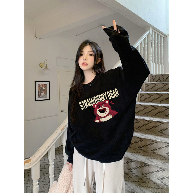 Kaos Stasan Wanita Oversize Couple Sweater American Vintage Bear Cartoon Graphic Priting Top Kekinian Casual Sweater