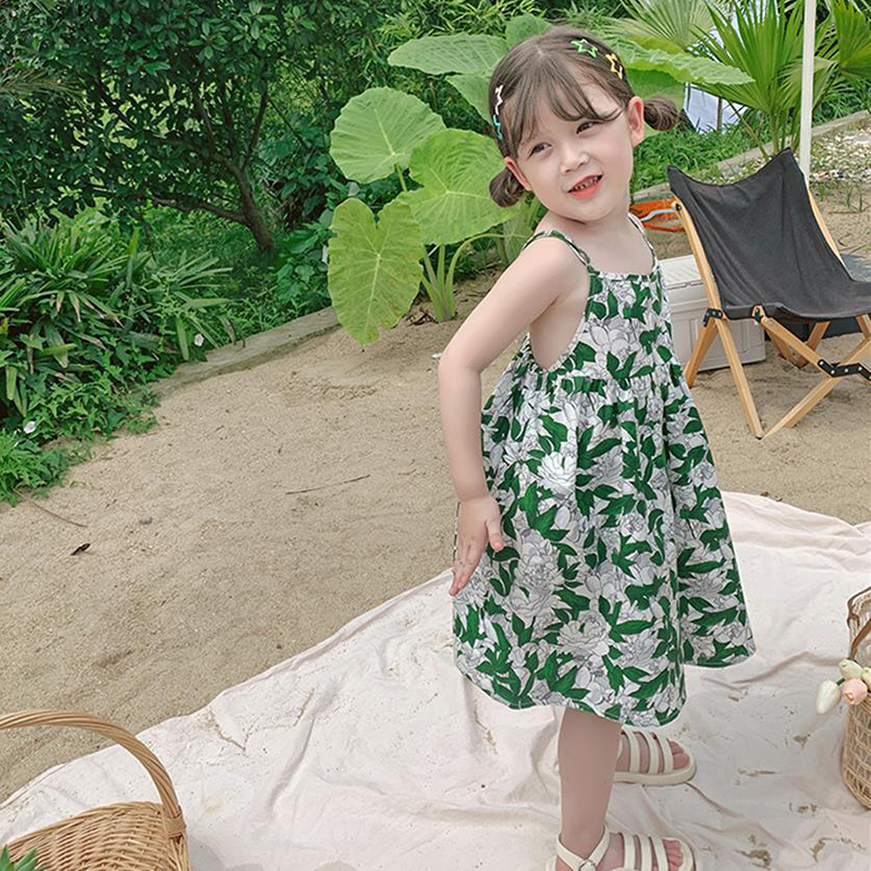 Bayi Perempuan Spaghetti Strap Dress Backless Casual Dress Floral Print Rok Rok Acak-acakan untuk Anak Perempuan Balita Musim Panas Pink Hijau