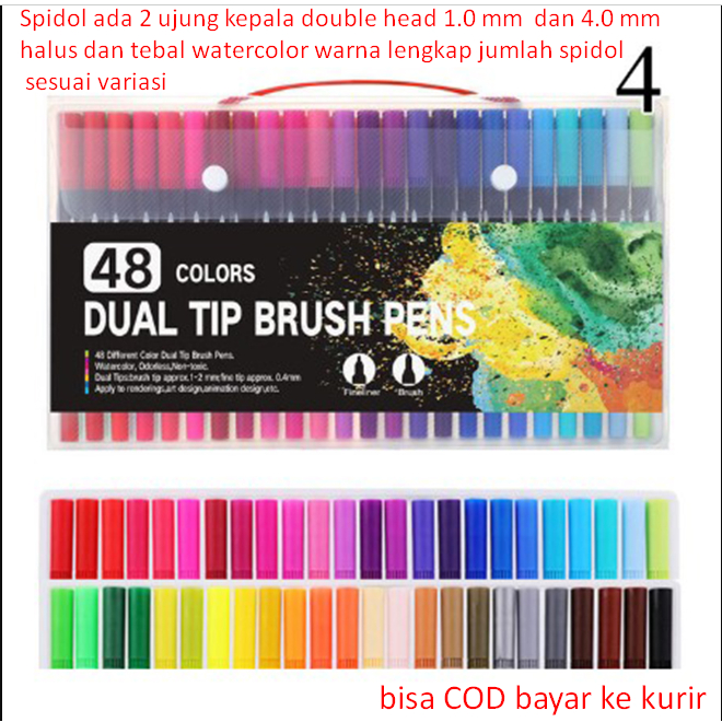 

Spidol ada 2 ujung kepala double head 1.0 mm dan 4.0 mm halus dan tebal watercolor warna lengkap jumlah spidol sesuai variasi