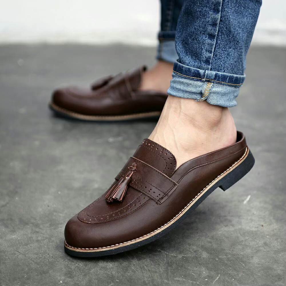 RIONZ MARKES - Sepatu Kulit PU Asli Casual Santai Slip On Pria Mules Slop Tutong Bustong Cowok Dewasa Semi Formal Pria Kantor Pesta Kondangan Gereja Original Murah Trendy Terbaru Terlaris