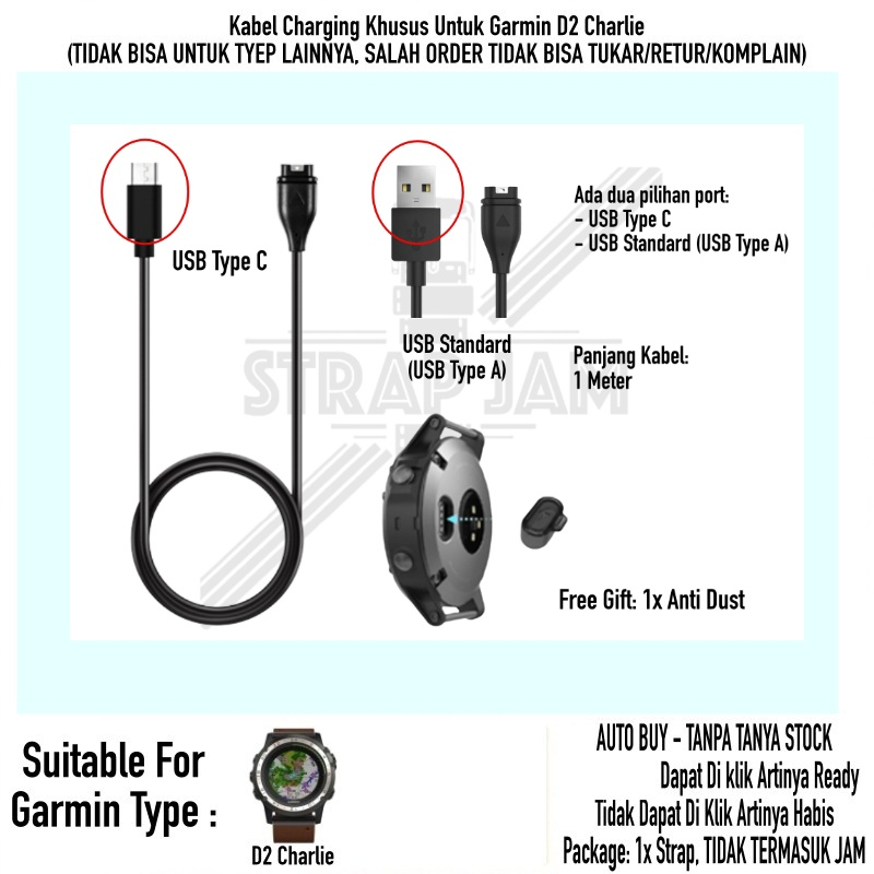 Cable Kabel Garmin D2 Charlie - Dock Data Sync Charge Charger USB A / Type C