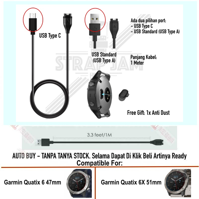 Cable Kabel Charge Charging Data Untuk GARMIN Quatix 6 47mm / 6x 51mm