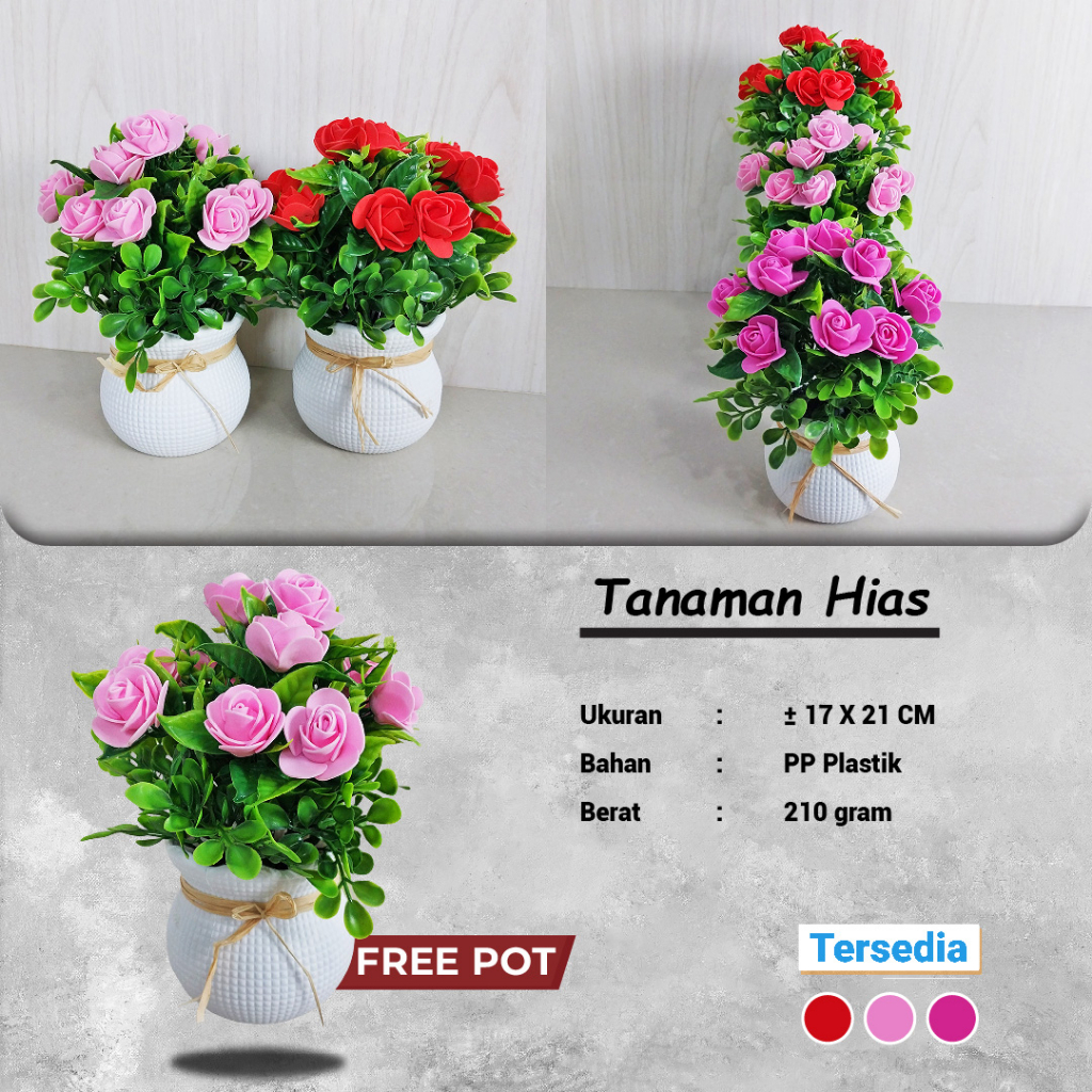 Tanaman Bunga Mawar Plastik Tanaman Hias Pot Bunga Palsu Ornamen Pajangan Dekorasi Rumah Artificial Flower Satu7an PBP164