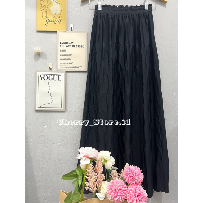 Cherry_KD04 Pleated skirt korean style / rok plisket motif daun padi bahan hyget premium / rok panjang wanita