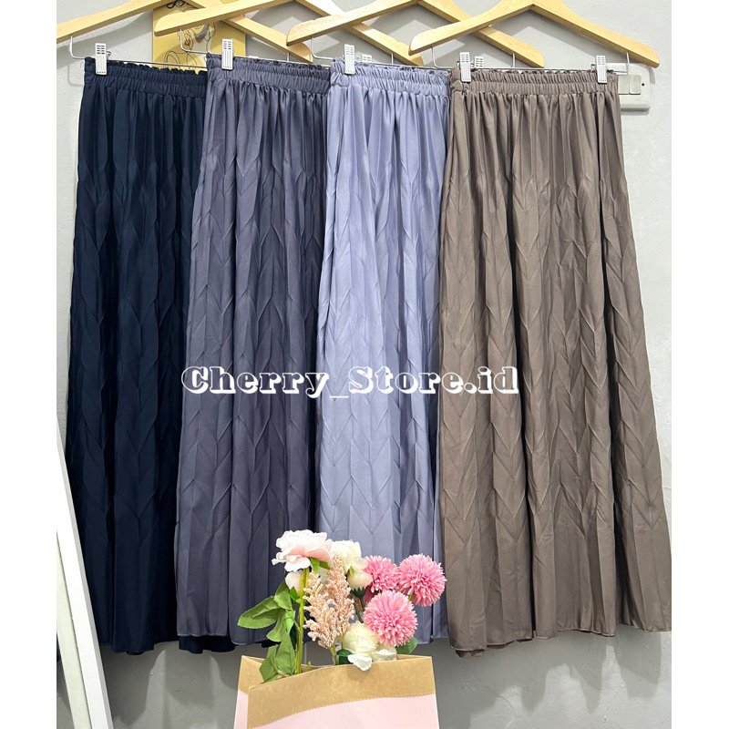 Cherry_KD04 Pleated skirt korean style / rok plisket motif daun padi bahan hyget premium / rok panjang wanita