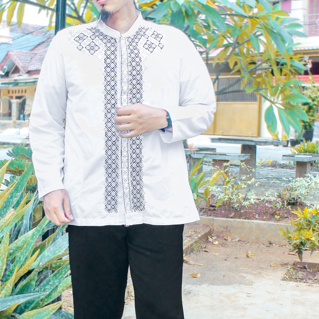 Baju Koko KHUSUS WHITE kode BW 2 Muslim Pria Dewasa Lengan Panjang Grosir Bordir Asli