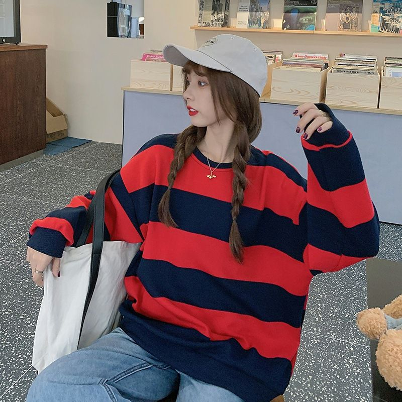 BEARYJEANS Korean Sweater Oversize Streetwear Hoddie Wanita Lengan Panjang Bergaris Vintage Premium Import - BJ072