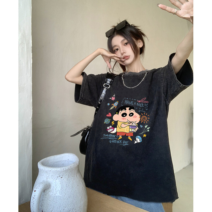 Baju Kaos Wanita Lengan Pendek Retro Oversize Crayon Shinchan Motif Printed T-shirt Import Kaos Hitam