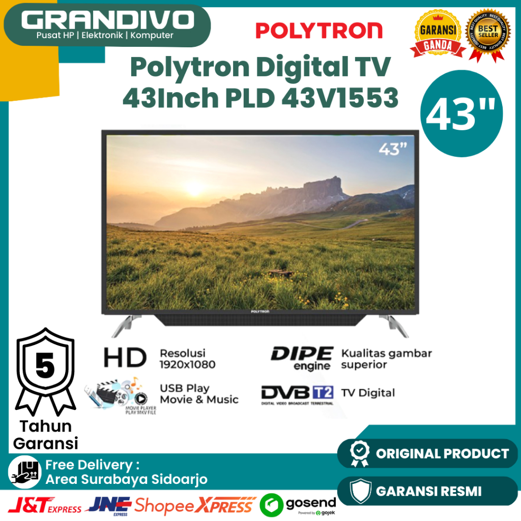 TV Digital Polytron 43 Inch LED Digital TV Polytron 43V1553 FHD Garansi Resmi Polytron - Grandivo