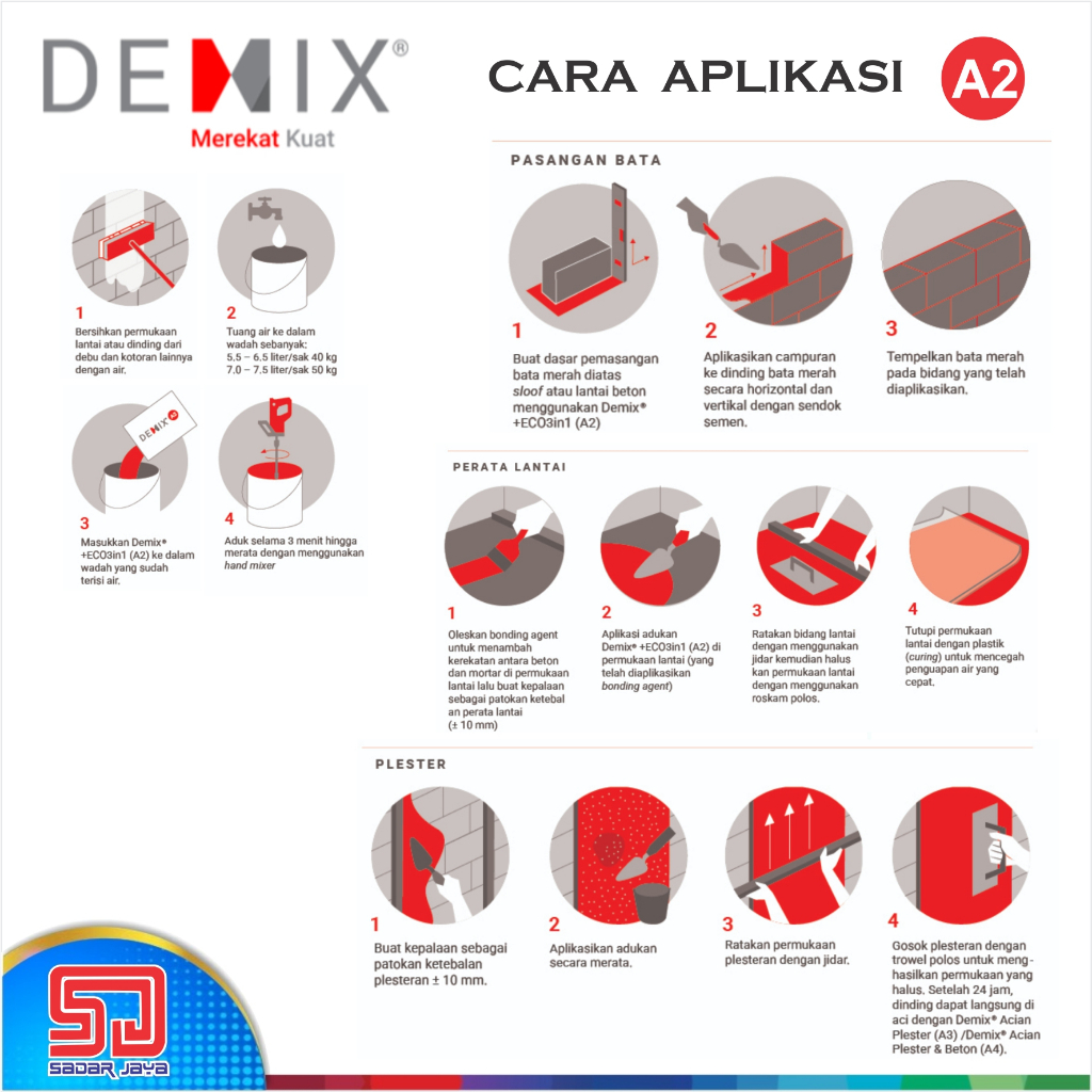 Semen Instan DEMIX A2 Mortar 3in1 Perekat bata merah / batako / plesteran dinding / perata lantai