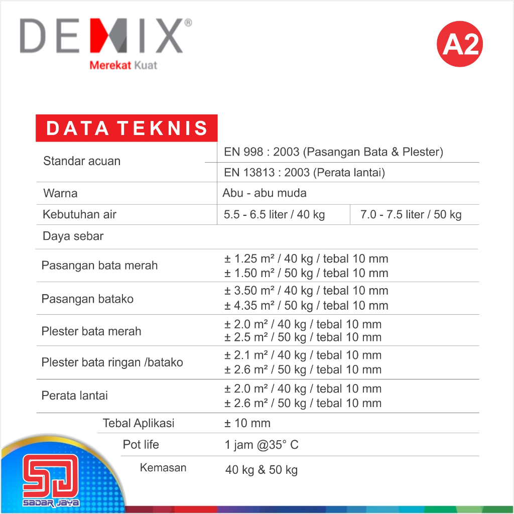 Semen Instan DEMIX A2 Mortar 3in1 Perekat bata merah / batako / plesteran dinding / perata lantai