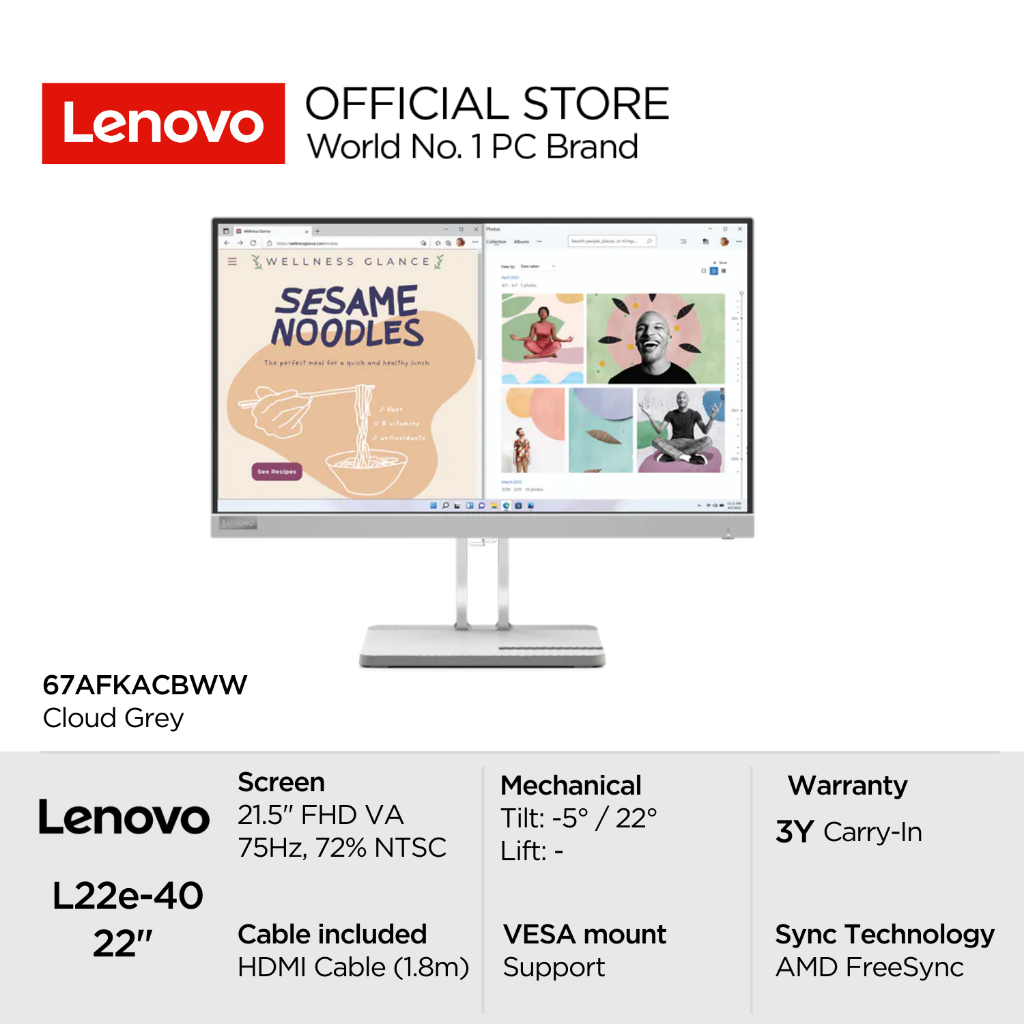 Lenovo Monitor L22e 40 22" FHD VA, 75Hz 250nits 72% NTSC, Tilt, VGA HDMI (67AFKACBWW)