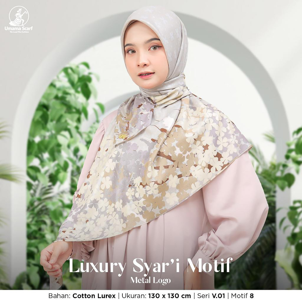 Jilbab Segiempat Syari  LUXURY PRINT Motif UMAMA LC 130 x 130 cm  kode SH metal logo bahan Cotton Lurex Glamour original PREMIUM