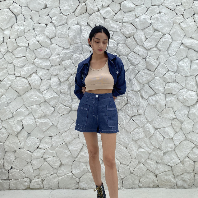 Peach Poppy JESSY Contrast Stitch Denim Short Pants - Celana Denim Wanita Kontras Benang - Denim Premium - New Look - Celana Pendek