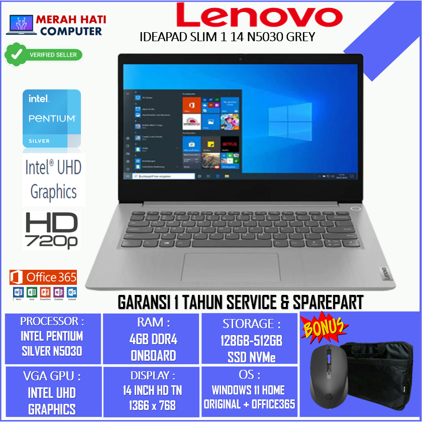 Laptop Lenovo Ideapad Slim 1 14 Intel Pentium Silver N5030 Ram 4GB Ssd 512GB HD TN Windows 11 Office365 Original