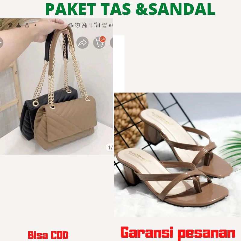 PAKET HEMAT TAS DAN SANDAL wedges heels model kekinian murah