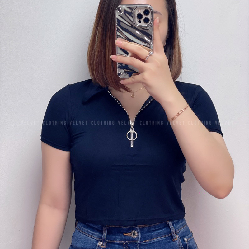 Crop Top Collar Zipper / Croptop Kerah sleting depan 3838