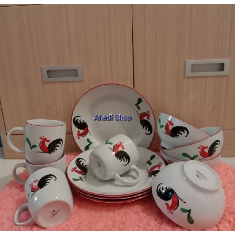 Dinner Set Motif Ayam Jago | Isi 12 pcs | Piring Set Best Material tebal dan glossy |