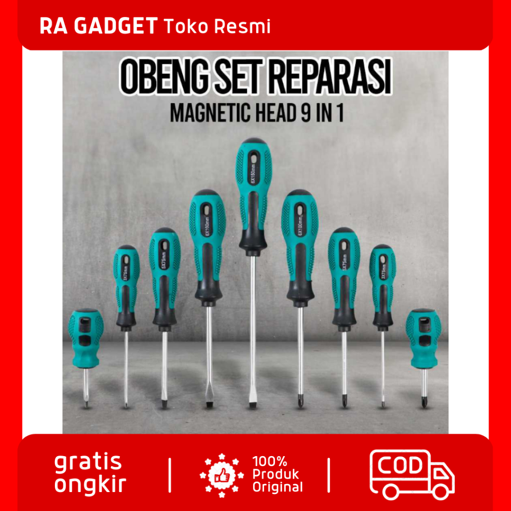Obeng Set Reparasi Magnetic Head 9 in 1 / Screwdriver Obeng Reparasi Magnetik Magnit Magnet Kuat Pan