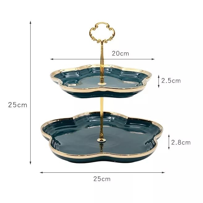 Piring Kue Tingkat Keramik Bentuk Bunga List Gold / Double Layer Dessert Cake / Piring Kue Tingkat Mewah / Piring Kue