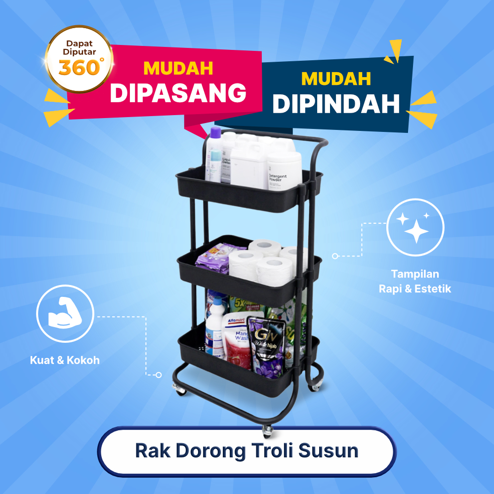 Rak Dorong Troli Roda Penyimpanan Elegant Serbaguna 3 Tingkat Untuk Toilet, Kamar Mandi, Dapur - Mufid