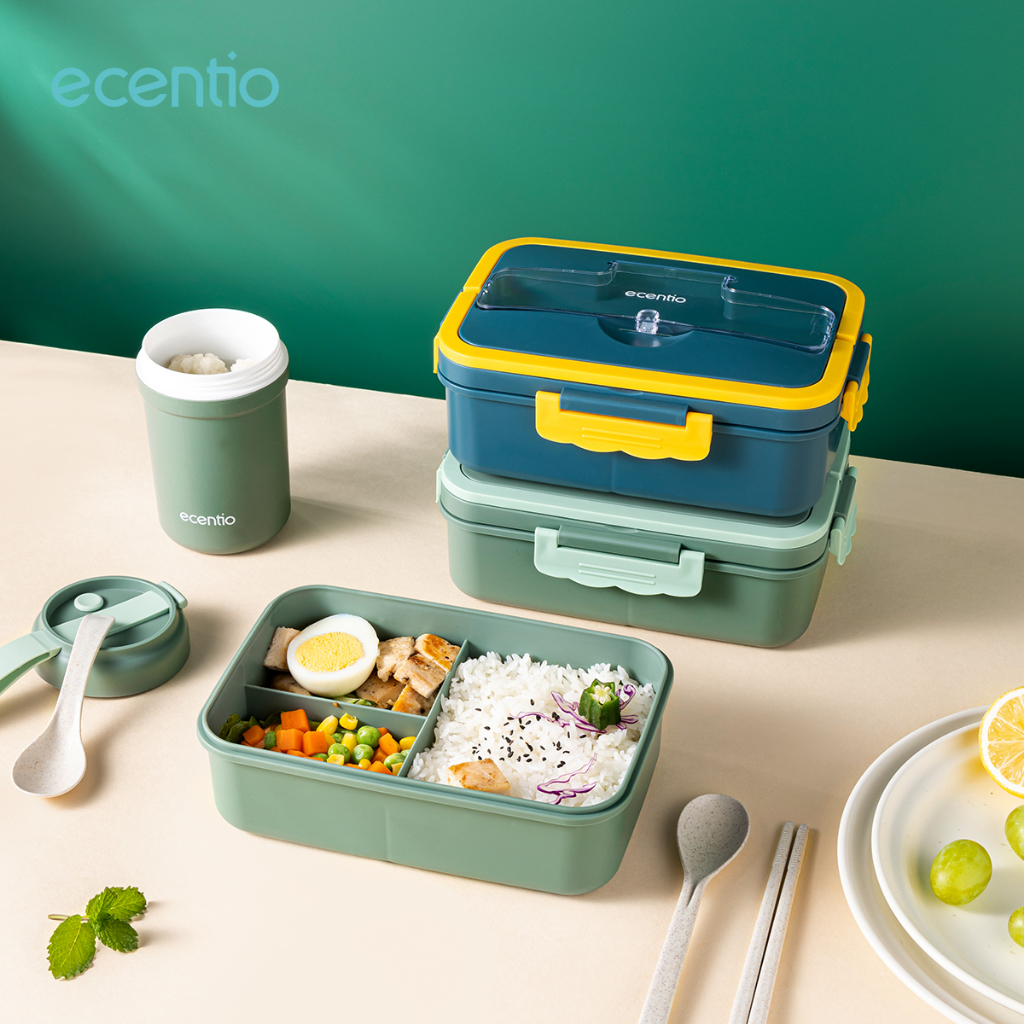 ecentio lunch box set 4 Grid  1000ml+330ml tempat bekal makan dan tempat minum anak kotak makan anti tumpah free sendok