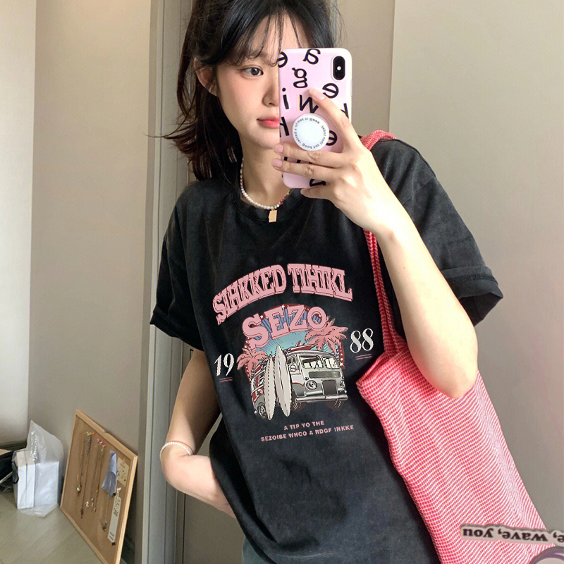Print Washed T-shirt Kaos Lengan Pendek Oversize Vintage Desert Car Korean Style Atasan Wanita