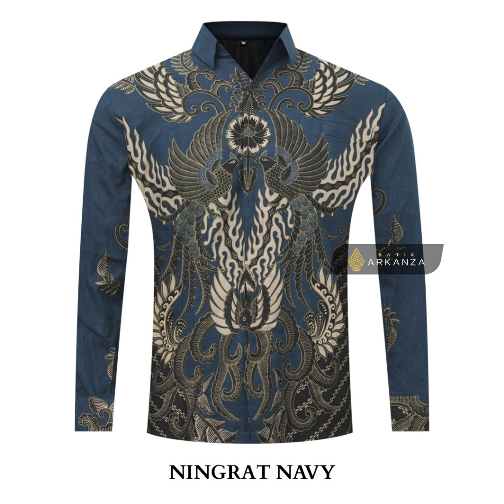 BATIK ARKANZA Motif NINGRAT NAVY Hem Atasan Kemeja Baju Batik Pria Cowok Laki Laki Slimfit Full Lapis Furing Lengan Panjang