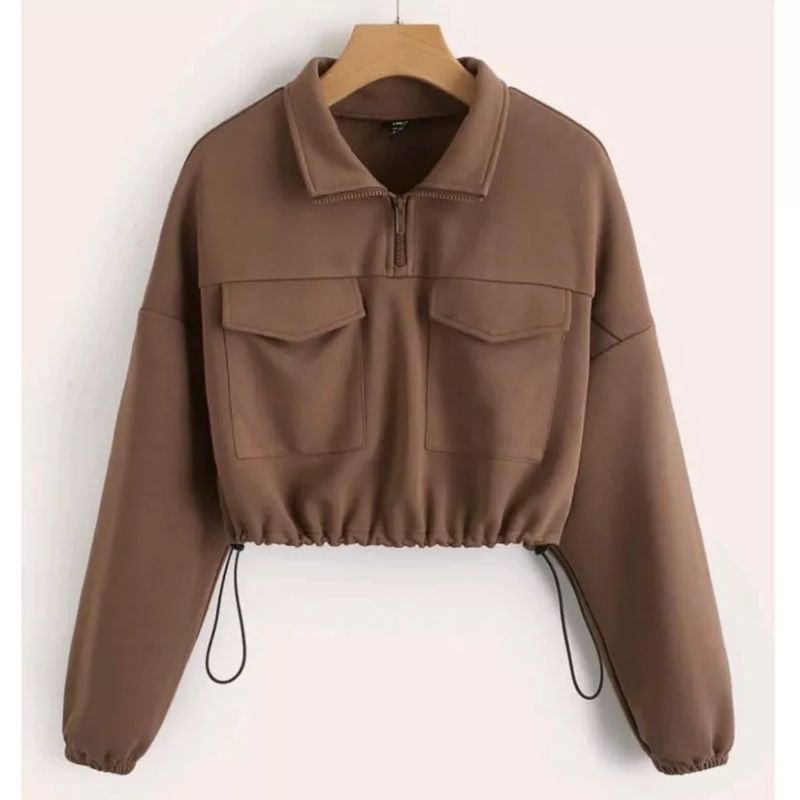 SWEATER POCKET CROPE COLLAR ZIP