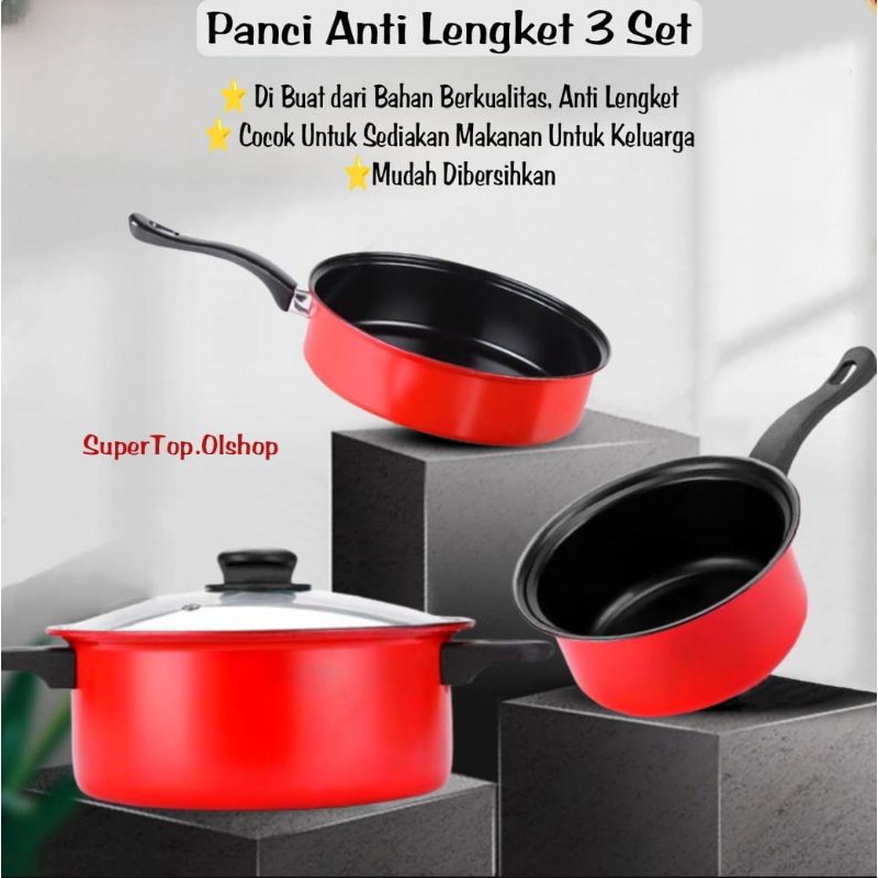 Panci Wajan Set Isi 3 Pcs Panci Teplon Presto Wajan Anti Lengket ⭐ supertop ⭐