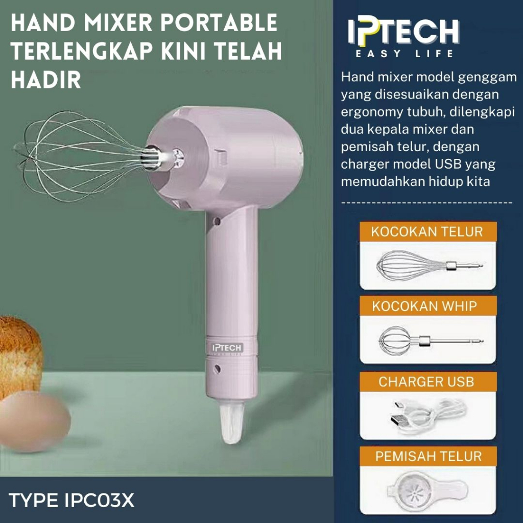 IPTECH WIRELESS HAND MIXER 3 Speed dan 2 Kepala Mixer Dengan USB Charger l Pengocok Telur l Pengocok Kue IPC03X