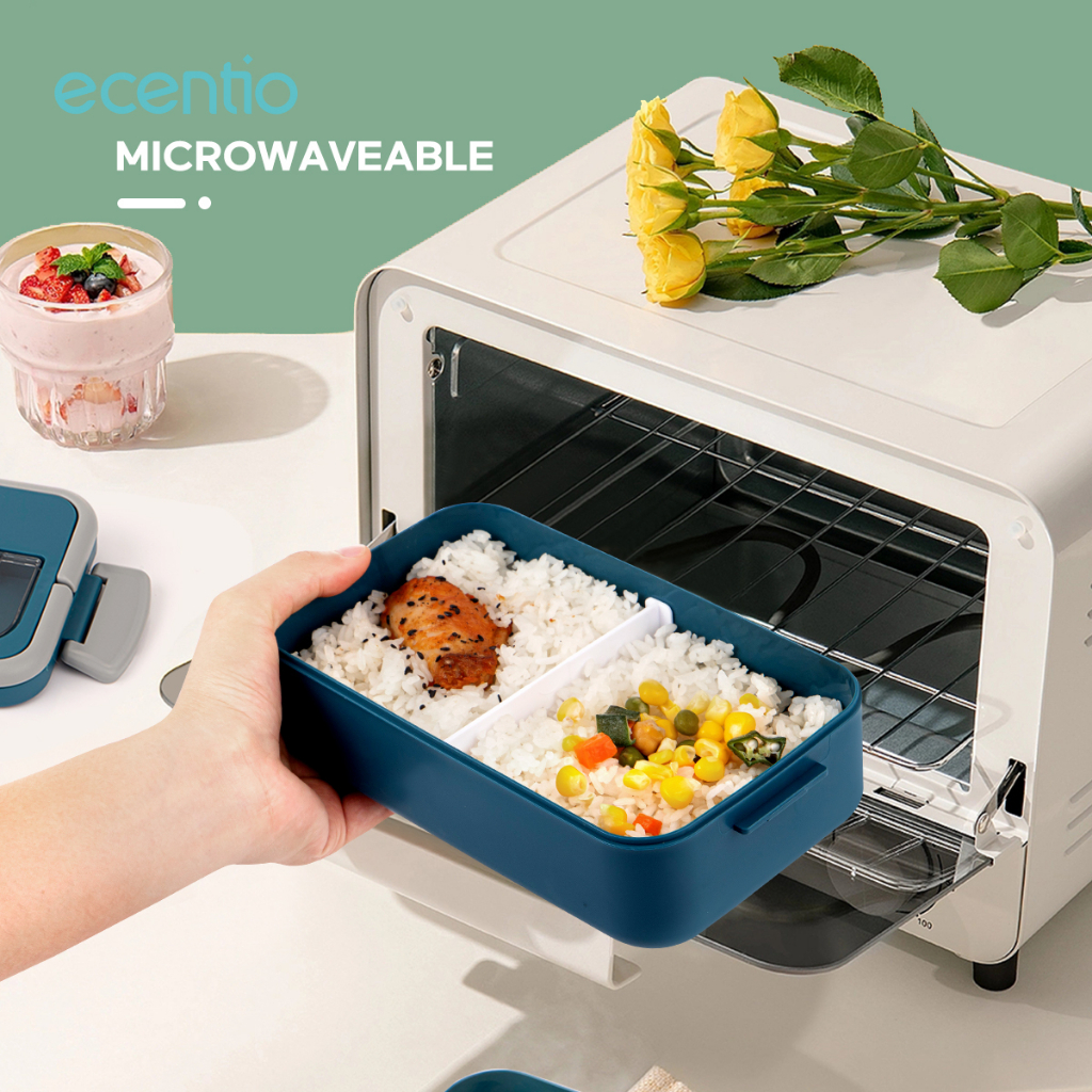 ecentio &amp; FOODI  Kotak Bekal Makan Set Anak 2 susun 1600ml anti tumpah dan sauce 40ml Sauce Cup Sendok set container microwavable/lunch Bento box 2 Layer/BPA free/Free Sendok
