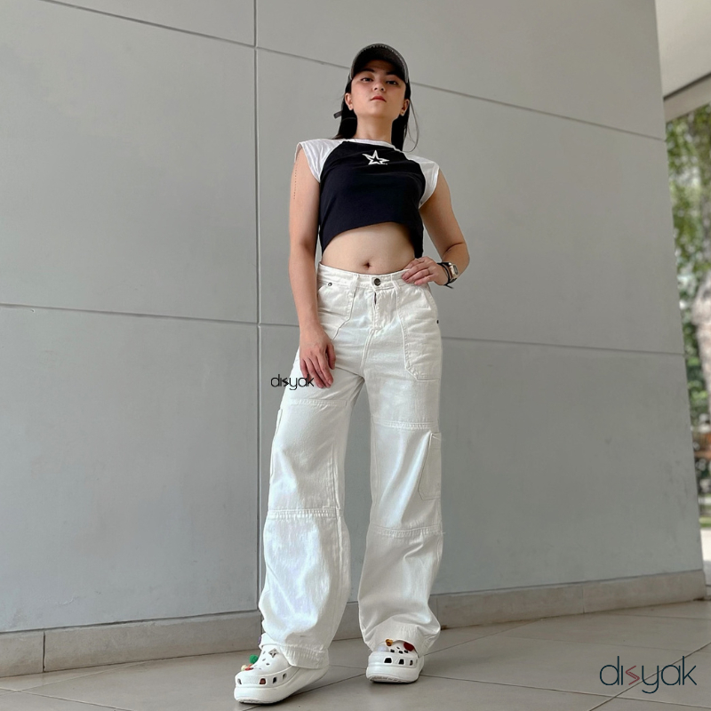 DISYAK - Cargo Pants Loose Highwaist Jeans Non-Stretch Broken White 115-215