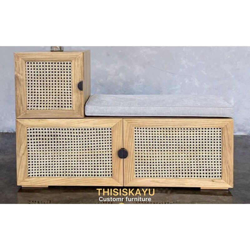 LEMARI SEPATU KAYU JATI ASLI DENGAN ANYAMAN ROTAN | LEMARI SEPATU DENGAN BUSA DUDUKAN KAYU ASLI SOLI