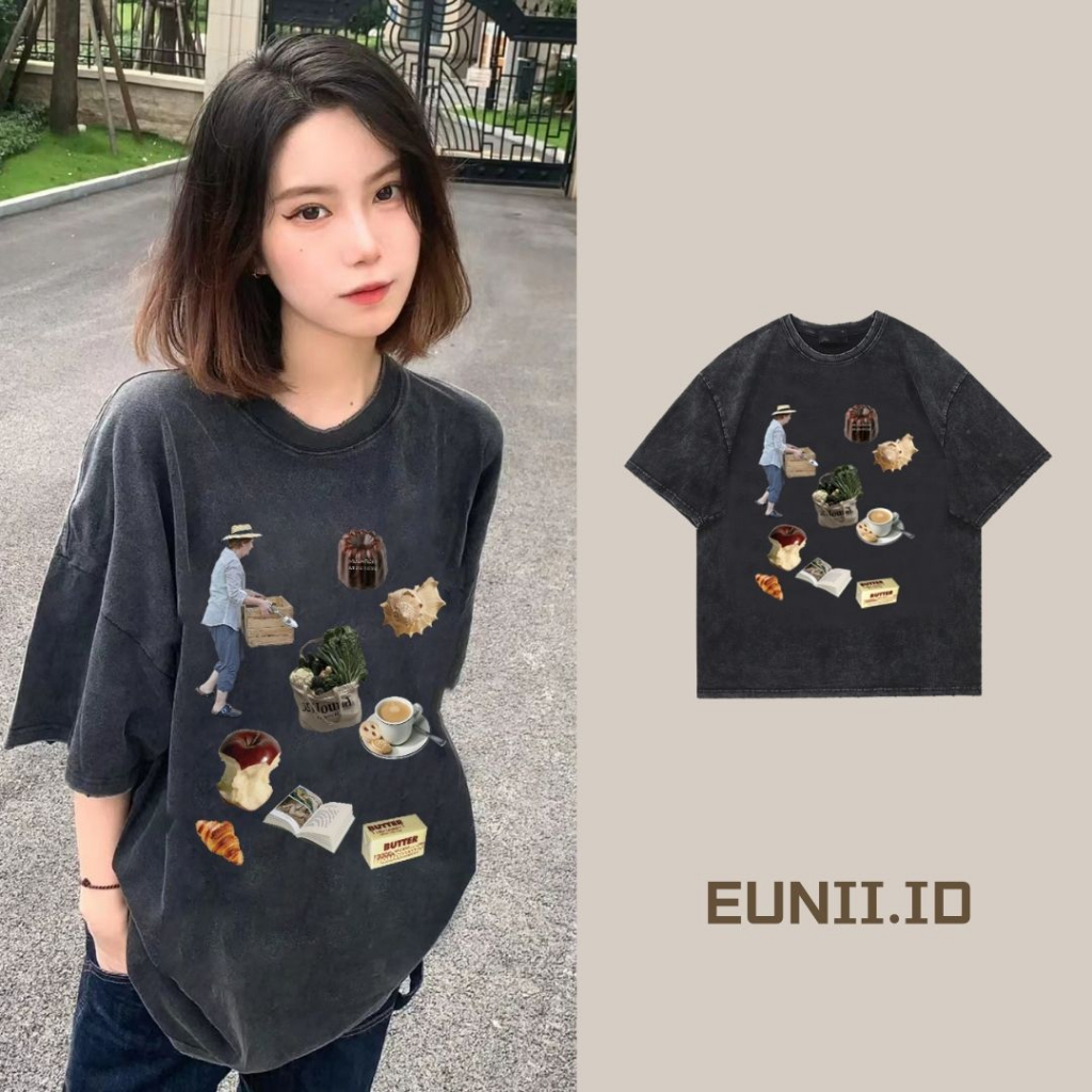 EUNII T-shirt Lengan Pendek Black Washed Country Lifestyle Printing Korean Style/Kaos Atasan Wanita/Baju Wanita