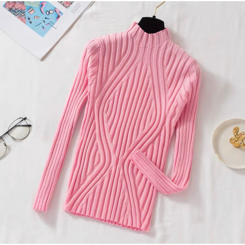 【Elegant】Knitted  Half High Collar Long Sleeved  Sweater 7553