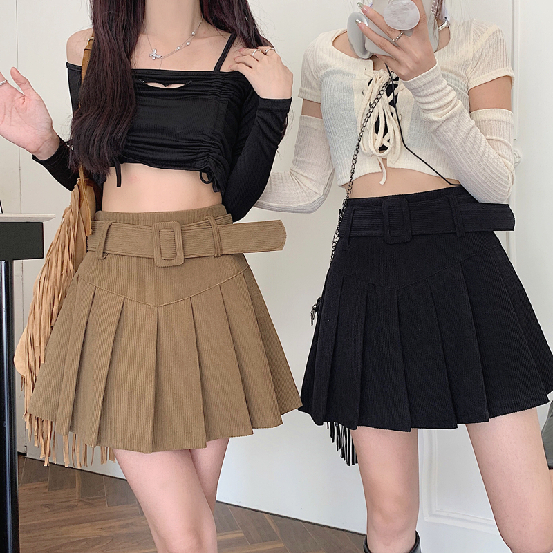 Rok Korean Style Wanita Korduroi Rok Plisket Hitam High Waist Vintage Skirt Mini