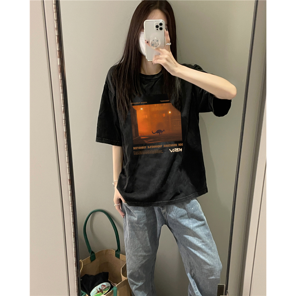 XiaoZhaiNv Kaos Atasan Oversize Wanita Orange Landscape Pattern Lengan Pendek A0865