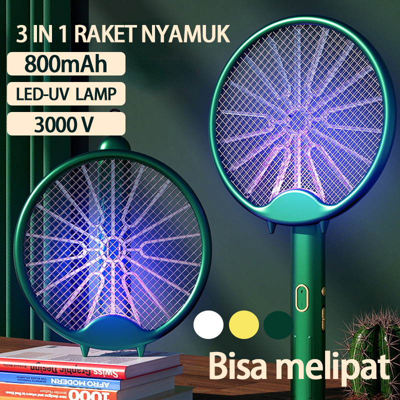 (Bisa melipat) 3 in1 Raket Nyamuk Listrik Pemukul Nyamuk Elektrik Lampu Mosquito Killer Bisa Digantung