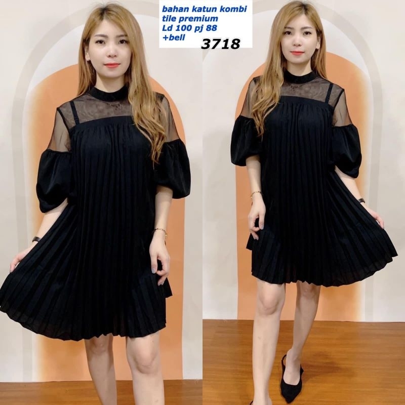dress plisket kombi tile polos 3718(premium) bahan katun kombi tile fit to XL