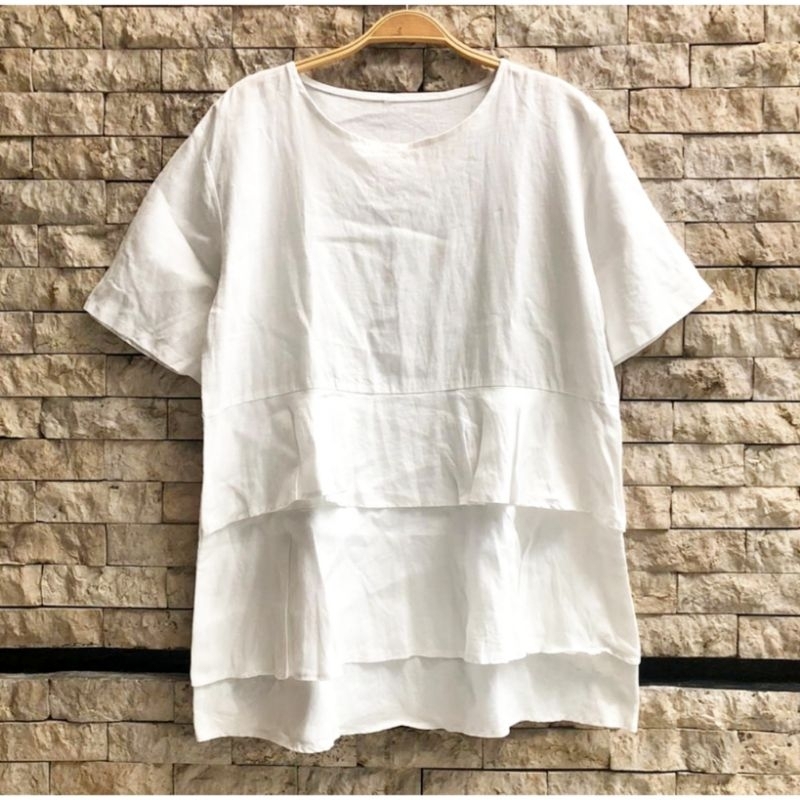 SALE EX BUTIK RUFFLE LINEN TOP WOMAN - BLOUSE ATASAN WANITA LENGAN PENDEK CASUAL
