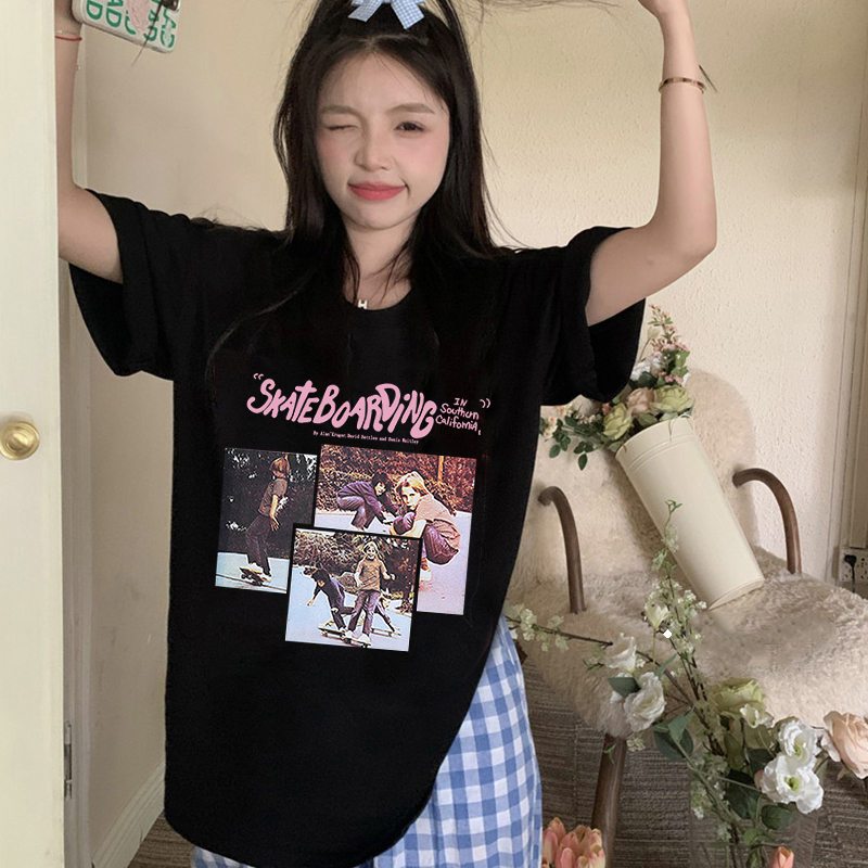 100%  Katun  Kaos Lengan Pendek Cream Atasan Wanita Oversize Printed T-shirt Kekinian Korean Style