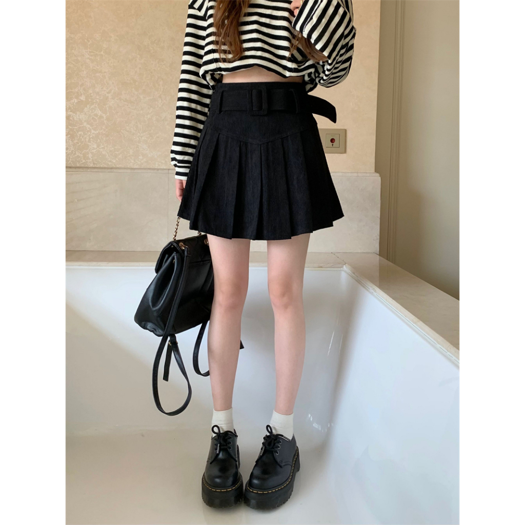 Korean Style Corduroy Rok Retro Hitam High Waist Vintage Skirt Mini