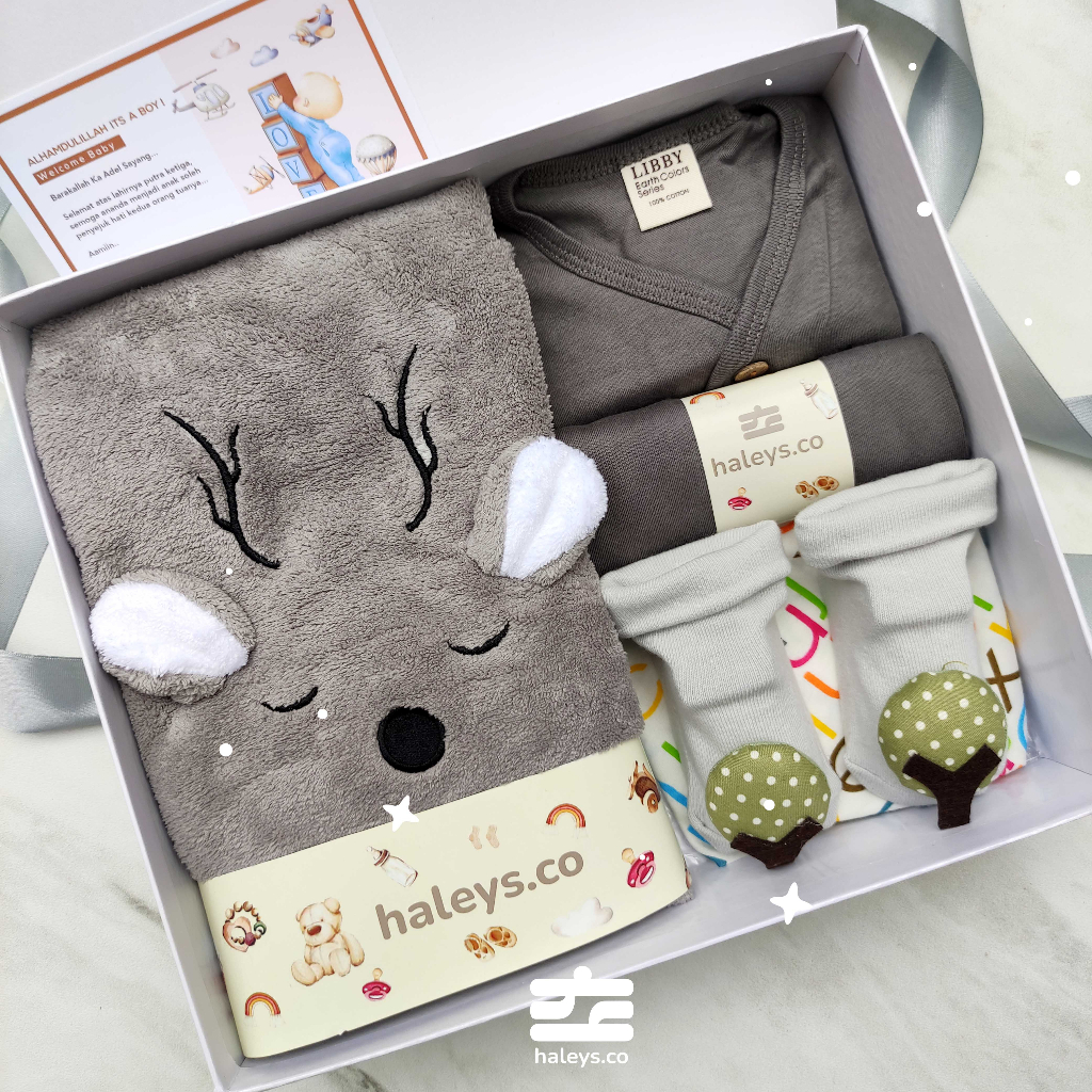 Haleys.co | Charcoal Grey Boys/Girl Baby Hampers 0-12 months/ Hampers bayi newborn/ Kado bayi/ Babyboy Gift / Kado Lahiran / Giftbox / Kado Bayi Perempuan / Girl Hampers baby / Kado bayi laki laki / Haleys.co