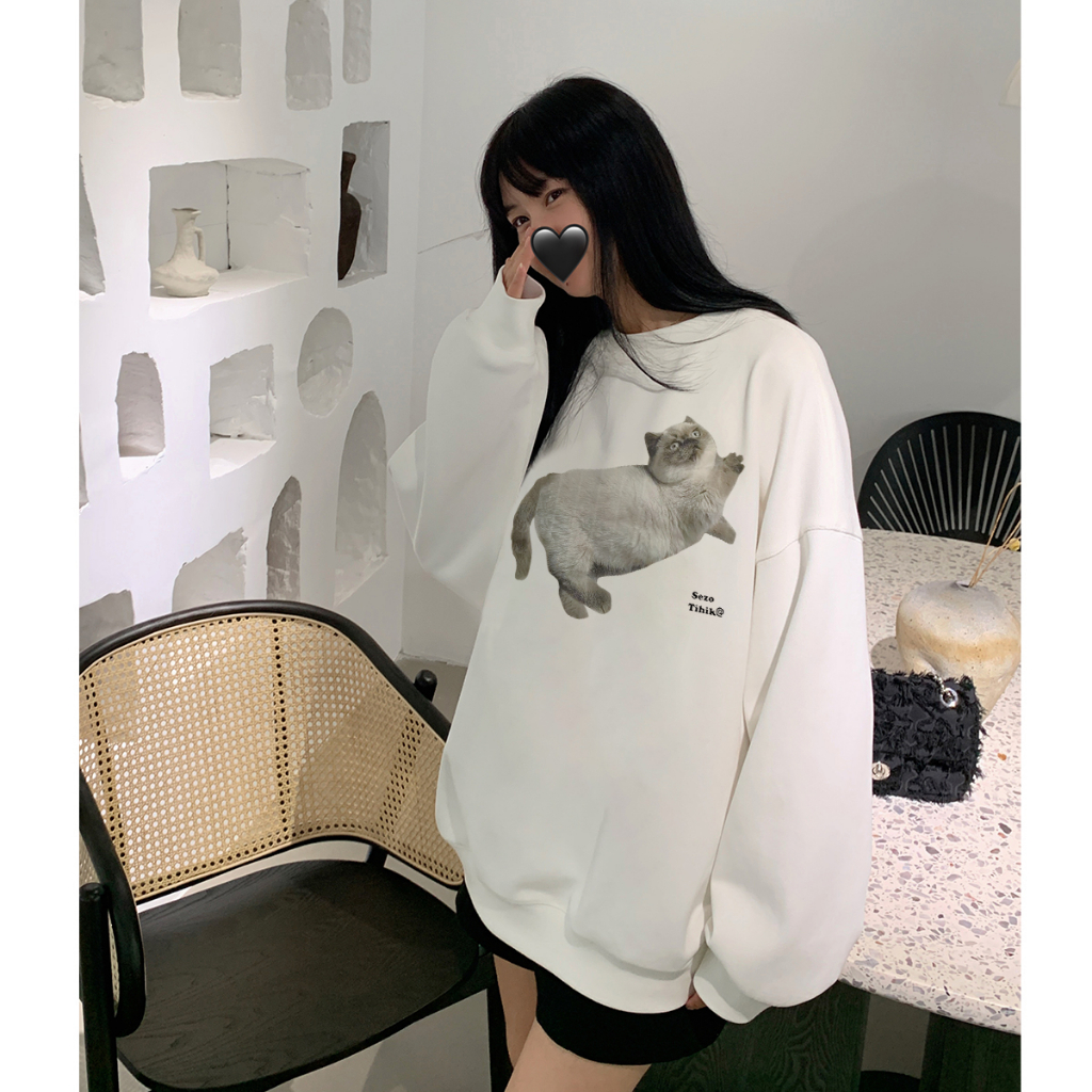 EUNII Sweater Lengan Panjang Cartoon Lazy Cat Korean Style/Hoodie Oversize/Baju Wanita/Switer Wanita